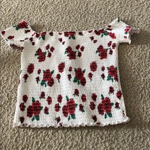 rose smock off the shoulder scrunch shirt